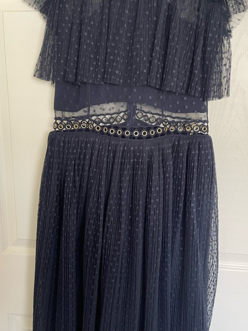 Sheer Navy Midi Dress with Eyelet Embellishment - Picture 2 of 7